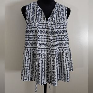 Navy Blue and White Pattern Sleeveless Blouse with Sailor Collar